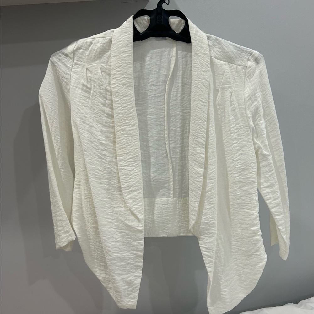 White cropped linen open front cardigan